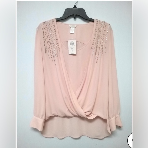 💗Cache Elegant Pink Wrap Embellished 3/4 Sleeve Blouse Relaxed Fit💗 - Picture 1 of 5